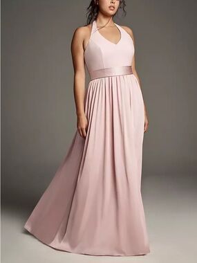 Vera Wang White Blush Pink Bow T-Strap Halter Satin Slit Bridesmaids Maxi Dress